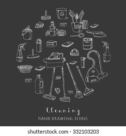 Hand drawn vector cleaning service icons, Cleaning symbols, tools, Detergent, iron, mop, dust pan, brushes bleach, duster, washing liquid, vacuum cleaner, doodle icons, sketch