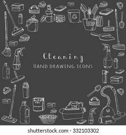 Hand drawn vector cleaning service icons, Cleaning symbols, tools, Detergent, iron, mop, dust pan, brushes bleach, duster, washing liquid, vacuum cleaner, doodle icons, sketch