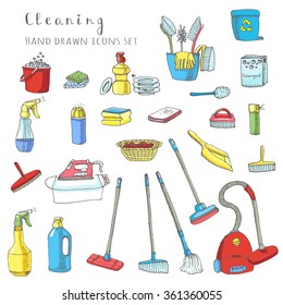 Hand drawn vector cleaning service icons set, Clean symbols, tools, Detergent, broom, sponge, mop, dust pan, brush, bleach, duster, washing liquid, vacuum cleaner, doodle icons, sketch House cleaning