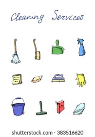 Hand drawn vector cleaning service icons set, Clean symbols, tools, Detergent, broom, sponge, mop, dust pan, brush, bleach, duster, washing liquid, vacuum cleaner, doodle icons, sketch House cleaning