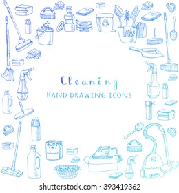 Hand drawn vector cleaning service icons, Cleaning symbols, tools, Detergent, iron, mop, dust pan, brushes bleach, duster, washing liquid, vacuum cleaner, doodle icons, sketch