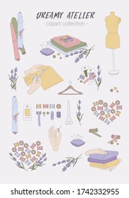 Hand drawn vector clipart collection. Sewing tools and artefacts. Isolated objects and stylish arrangements. Hobby, handcraft, handmade. Pastel colours.