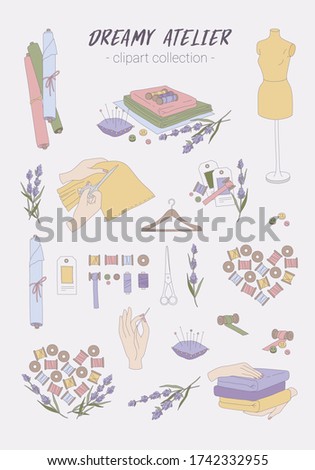 Hand drawn vector clipart collection. Sewing tools and artefacts. Isolated objects and stylish arrangements. Hobby, handcraft, handmade. Pastel colours.