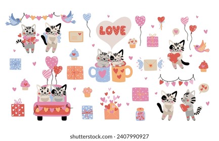 Clipart vector dibujado a mano con gatos lindos para el día de San Valentín. Ilustración vectorial, estilo de dibujos animados.