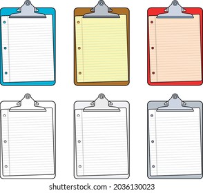 Hand Drawn Vector Clipboard With Ruled Paper In Black And White, Color For School Or Office