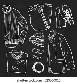 Hand drawn vector clothing and accessories on black background. Men fashion wear. Casual hipster style.