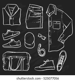 Hand drawn vector clothing and accessories on black background. Men fashion wear. Casual hipster style.
