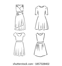 Hand drawn vector clothing set. of trendy dresses isolated on white. dress vector sketch illustration