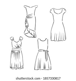Hand drawn vector clothing set. of trendy dresses isolated on white. dress vector sketch illustration