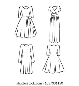 Hand drawn vector clothing set. of trendy dresses isolated on white. dress vector sketch illustration