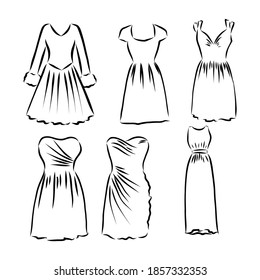 Hand drawn vector clothing set. of trendy dresses isolated on white. dress vector sketch illustration