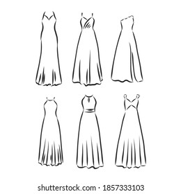 Hand drawn vector clothing set. of trendy dresses isolated on white. dress vector sketch illustration