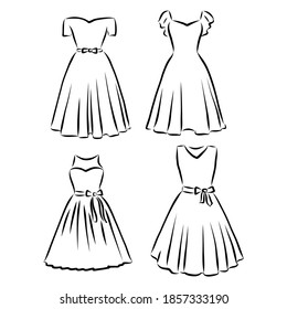 Hand drawn vector clothing set. of trendy dresses isolated on white. dress vector sketch illustration