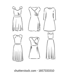Juego de ropa vectorial dibujado a mano. de vestidos de moda aislados en blanco. ilustración de esbozo de vector de vestir