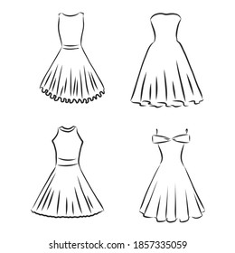 Hand drawn vector clothing set. of trendy dresses isolated on white. dress vector sketch illustration