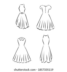 Hand drawn vector clothing set. of trendy dresses isolated on white. dress vector sketch illustration