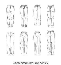 Hand drawn vector clothing set. Different models of trendy trousers isolated on white.