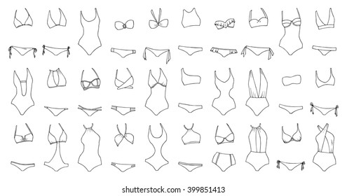 Hand drawn vector clothing set. 30 models of trendy swimwear isolated on white.