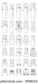 Hand drawn vector clothing set. 30 models of trendy coats and jackets.