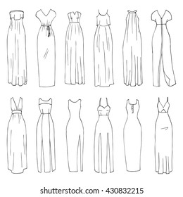 Juego de ropa vectorial dibujado a mano. 12 modelos de trendy maxi vestidos aislados en blanco. (parte 2)