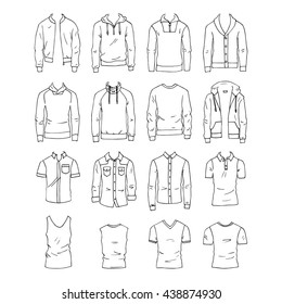 Handgezeichnete Vektorbekleidung einzeln auf Weiß. 16 Modelle von trendigen Herrenobern.
