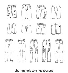 Hand drawn vector clothing set isolated on white. 13 models of trendy mens shorts and jeans.