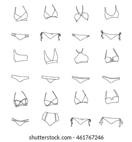 Hand drawn vector clothing set. 12 models of trendy swimwear isolated on white.