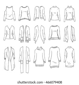 Ropa vectorial dibujada a mano aislada en blanco. 15 modelos de puentes y cardiganes de moda.
