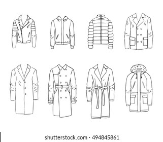 Hand drawn vector clothing set  8 models trendy men's coats   jackets isolated white 