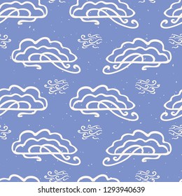 Hand drawn vector cloud illustration. Seamless repeating pattern of white fluffy wind lineart on cloudy blue background. Sketchy creative lineart for cloudy wallpaper, kids fashion and weather art.