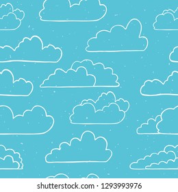 Hand drawn vector cloud illustration. Seamless repeating pattern of fluffy silhouette on cloudy blue sky background. Art for cloudy computer communication wallpaper or web connection concept.