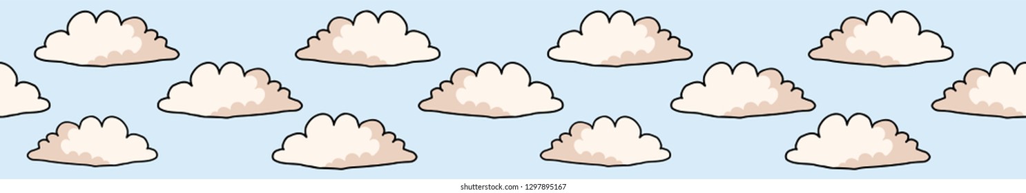 Hand drawn vector cloud illustration. Seamless repeating border of white fluffy wind lineart on cloudy blue banner ribbon. Sketchy creative lineart for edge trim, kids fashion, weather forecast tape.