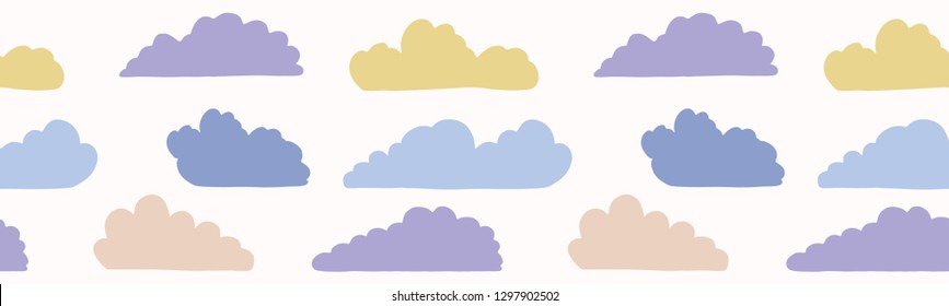 Hand drawn vector cloud illustration. Seamless repeating border of fluffy silhouette on cloudy white banner ribbon. Sketchy creative art for cloudy computer web wallpaper, kid fashion, weather tape.