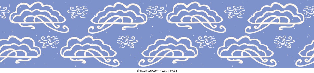 Hand drawn vector cloud illustration. Seamless repeating border of white fluffy wind lineart on cloudy blue banner ribbon. Sketchy creative lineart for wallpaper edging, kids fashion trim,weather art.