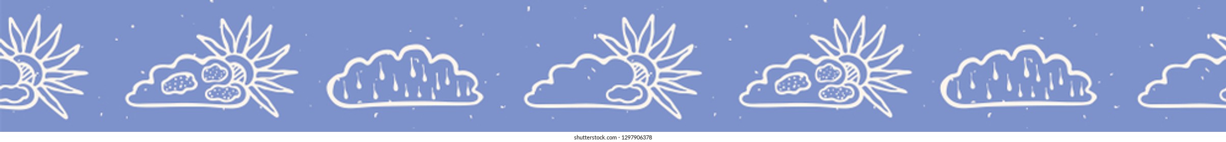 Hand drawn vector cloud and sun illustration. Seamless repeating border of fluffy cloudy sky on blue banner ribbon. Sketchy creative wallpaper, edge trendy kids nursery fashion or weather washi tape.
