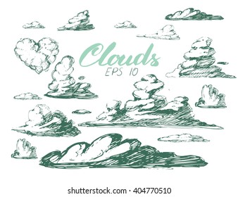 Hand drawn vector clouds set. vintage style. Isolated.
