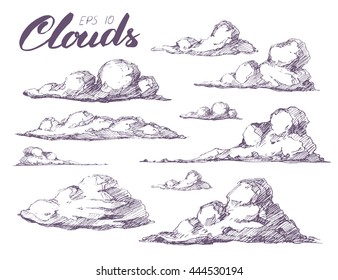 Hand drawn vector clouds set. vintage style. Isolated.