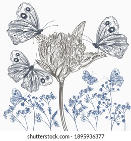 Hand drawn vector clover illustration with butterflies