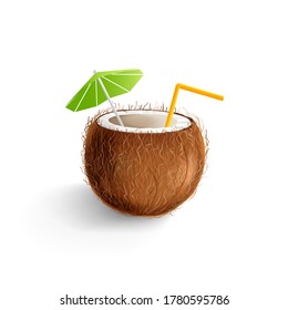 Hand drawn vector coconut drink with a decorative umbrella and a drinking straw. Isolated