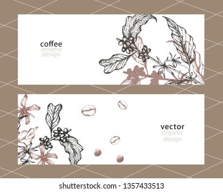 Hand drawn vector coffee banner. Coffee beans, leaves, branch, flowers