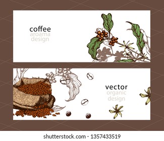 Hand drawn vector coffee banner. Coffee beans, leaves, bag, branch, flowers