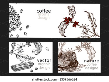 Hand drawn vector coffee banner. Coffee beans, leaves, branch, flowers, bag, cinnamon