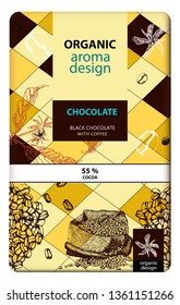 Hand drawn vector coffee banner. Chocolate cover. Coffee beans, leaves, branch, flowers.