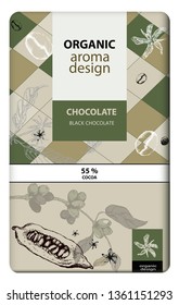 Hand drawn vector coffee banner. Chocolate cover. Coffee and cocoa beans, leaves, branch, flowers.