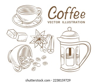 hand drawn vector coffee illustration set cinnamon coffee cup