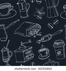 Hand drawn vector coffee seamless pattern with ingredients and devices for making. Isolated on white background for cafe menu, brochure, fliers, chalkboard