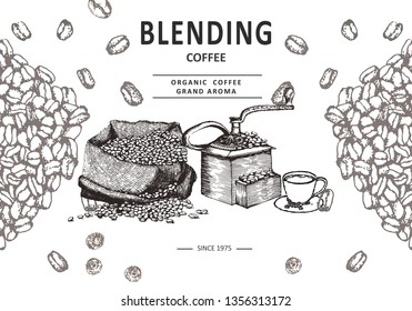 Hand drawn vector coffee set. Coffee and cocoa beans, turkish coffee macine, leaves, bag, latte cup.