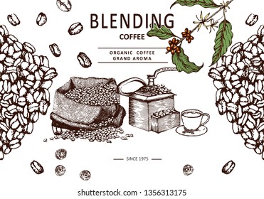 Hand drawn vector coffee set. Coffee  beans, turkish coffee macine, leaves, bag, cup.