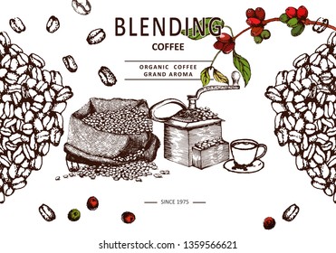 Hand drawn vector coffee set. Coffee and cocoa beans, turkish coffee macine, leaves, bag, cup, branch