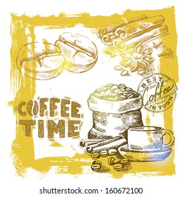 Hand drawn vector coffee set on background